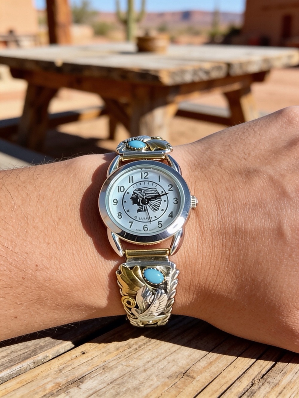 Sterling/Gold Vermeil Eagle/Turquoise Navajo Tips, Indian Coin Watch NEW Stretch
